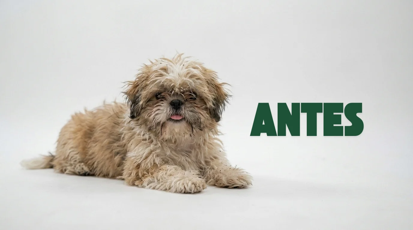 Cachorro Shih Tzu antes da tosa, com pelos longos e precisando de cuidados